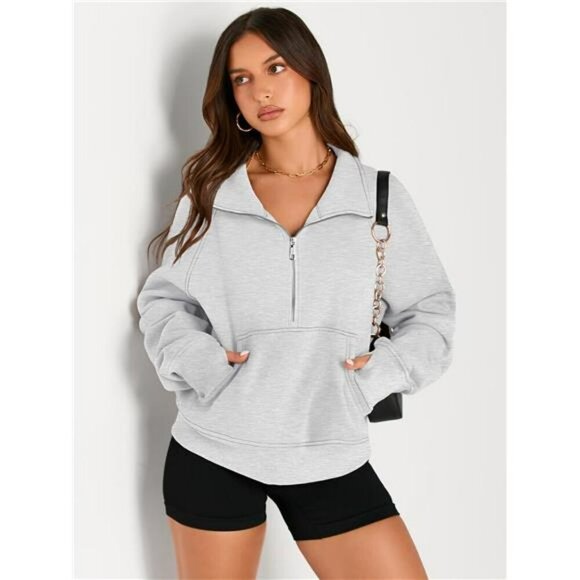 AUTOMET Half Zip Cropped Fleece Sweatshirt Hoodie Fall Winter Pullover Top - Picture 3 of 6